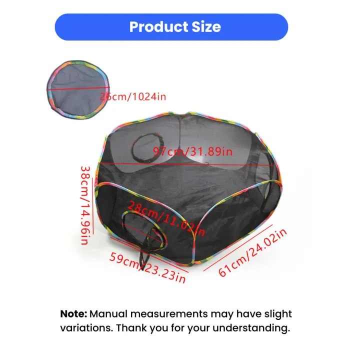 Measurement diagram for an eight sided mesh pet playpen with wide diameter and multiple mesh panels