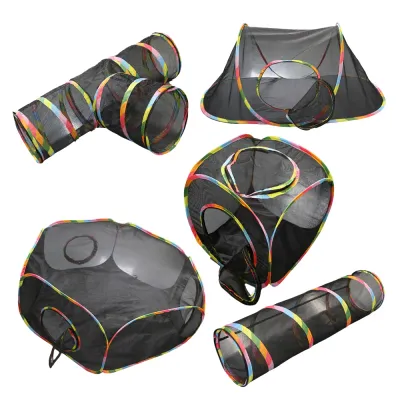 Summer Cat Tunnel and Tent Collection A variety of black mesh cat tunnels and tents including T shaped straight and cube designs with rainbow trim