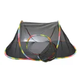 Large black mesh dome tent for cats and small pets with rainbow trim and a circular entrance