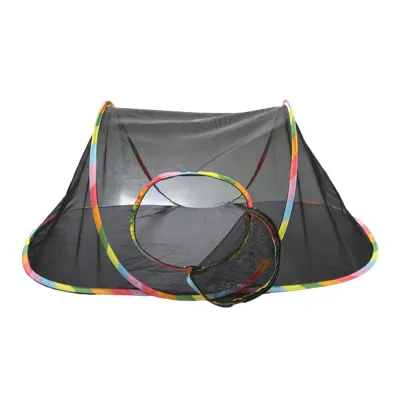 Dome Shaped Mesh Pet Tent for Summer Large black mesh dome tent for cats and small pets with rainbow trim and a circular entrance