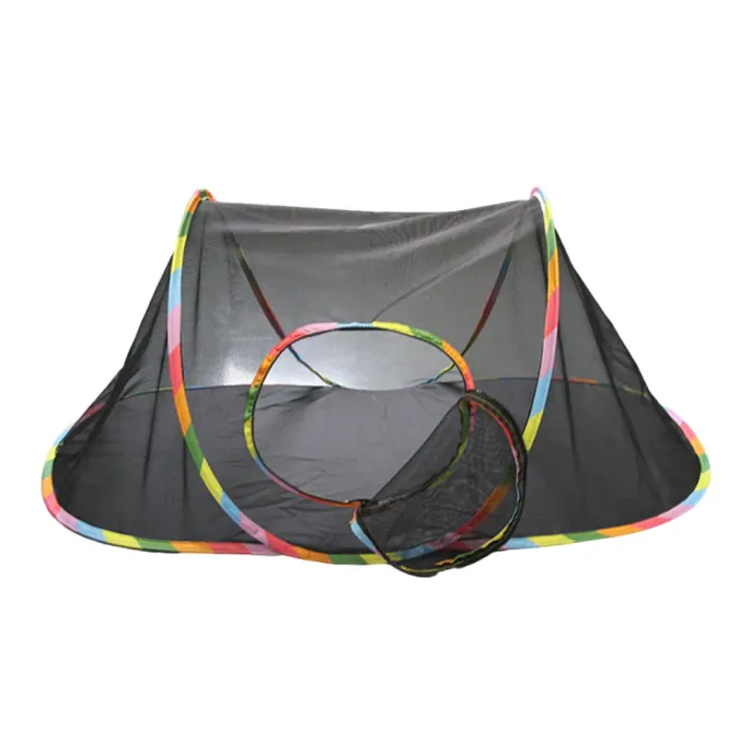 Large black mesh dome tent for cats and small pets with rainbow trim and a circular entrance
