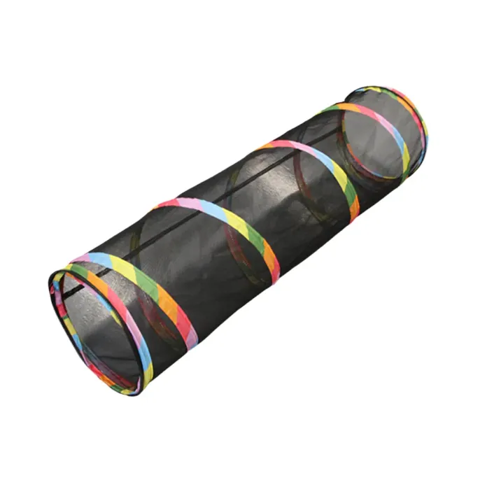Long straight black mesh tunnel for cats with colorful rainbow striped trim for portable pet fun