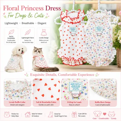 floral-princess-dog-dress-features-infographic A promotional poster for the Floral Princess Dress highlighting features like breathable fabric, ruffle collar, and leash D-ring.