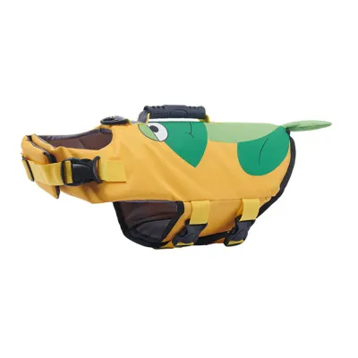 yellow-frog-themed-dog-life-jacket Yellow and green frog-themed dog life jacket with cartoon eye details.