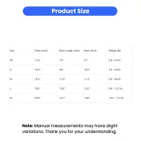 Pet Clothing Size Guide for Small Dogs Table showing size measurements for pet tank tops from XS to XL, including chest, back length, neck, and weight in inches and lbs.