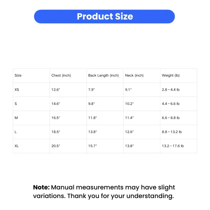 Pet Clothing Size Guide for Small Dogs Table showing size measurements for pet tank tops from XS to XL, including chest, back length, neck, and weight in inches and lbs.