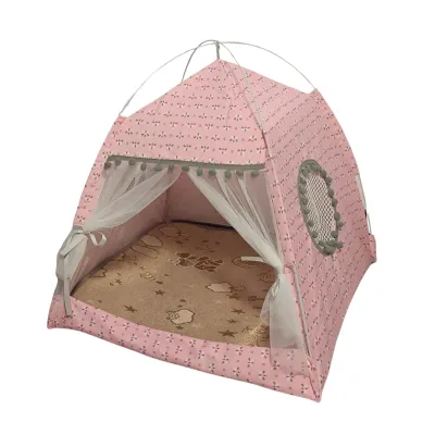 Front view of a pink floral cat tent featuring a soft interior mat and decorative grey pom poms on a white background.