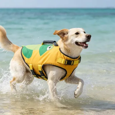 golden-retriever-swimming-yellow-dog-vest A happy light-colored dog wearing a yellow frog-themed life jacket running through ocean waves at the beach.