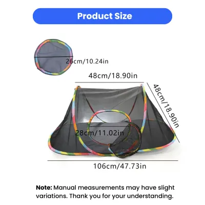 Dome Pet Tent Product Dimensions Size chart for a black mesh dome tent with measurements for height and width on a white background