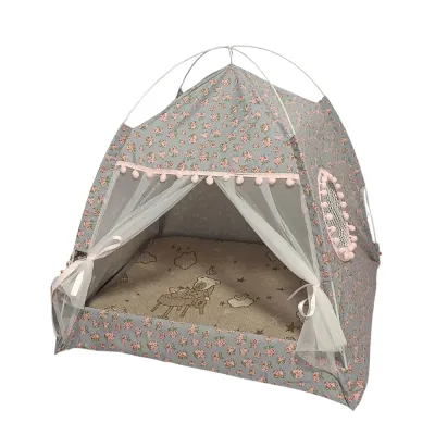 A grey floral patterned pet tent with pink pom poms and sheer privacy curtains isolated on a white background.