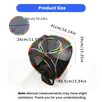 Cube Cat Tent Size and Measurements Detailed dimensions for a square mesh cat tent with rainbow colored edges and a top opening