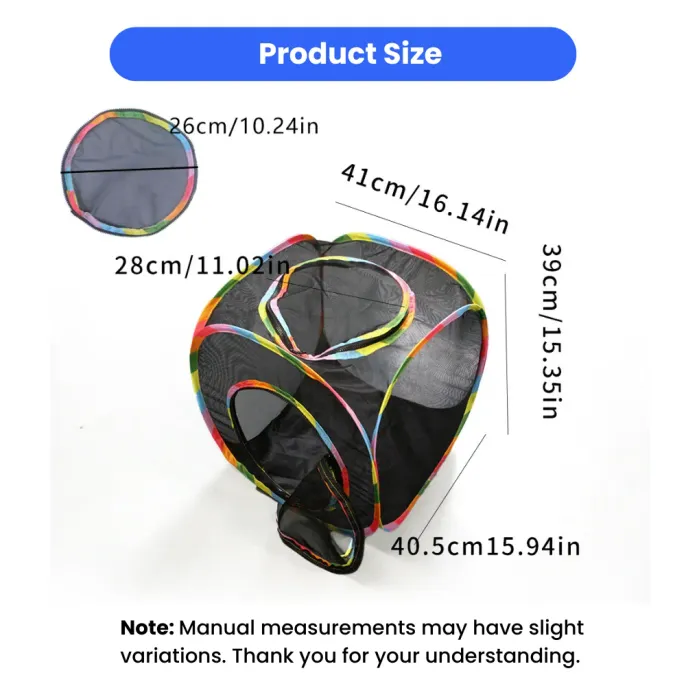 Detailed dimensions for a square mesh cat tent with rainbow colored edges and a top opening