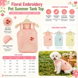 Floral Embroidery Pet Summer Tank Top Features Infographic showing product features like breathable fabric, lightweight feel, floral embroidery, and sleeveless design with size chart