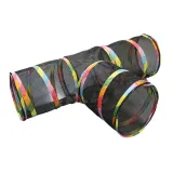 A three way black mesh cat tunnel featuring colorful rainbow striped trim for indoor and outdoor play