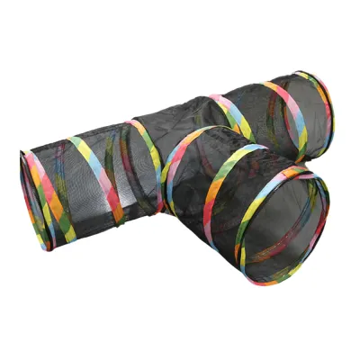T Shaped Breathable Mesh Cat Tunnel A three way black mesh cat tunnel featuring colorful rainbow striped trim for indoor and outdoor play