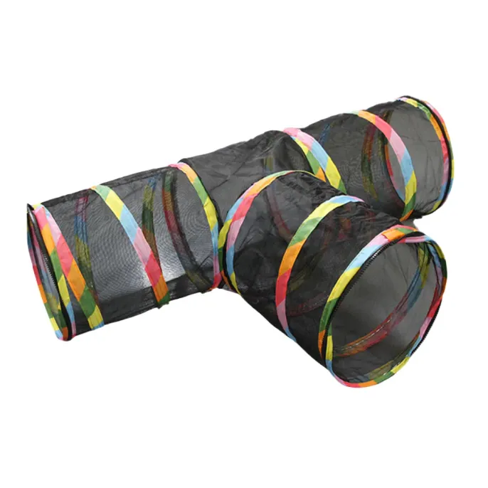 A three way black mesh cat tunnel featuring colorful rainbow striped trim for indoor and outdoor play