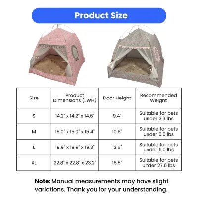 A detailed size chart table for the summer cat tent showing dimensions and weight recommendations for sizes S, M, L, and XL.