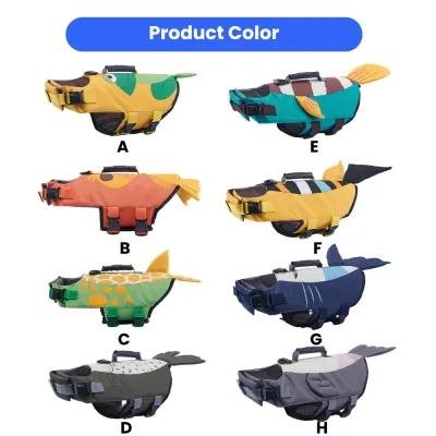 dog-life-jacket-color-options-grid A collection of 8 different animal-themed dog life jackets including shark, mermaid, and clownfish styles.