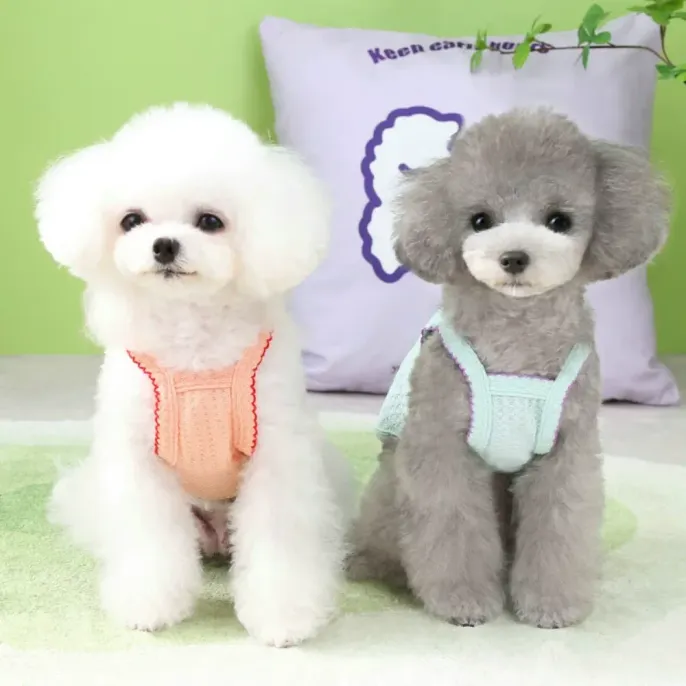 Small Dogs Wearing Mesh Pet Clothes Front view of a white poodle and a gray poodle sitting comfortably in lightweight summer tank tops.