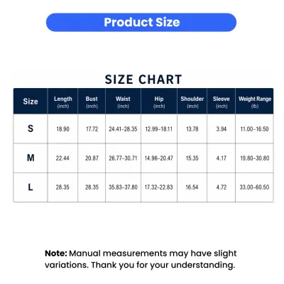 dog-life-jacket-size-chart-weight-range A comprehensive size chart for dog life jackets showing measurements for Small, Medium, and Large sizes in inches and weight in pounds.