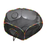 Large eight sided black mesh playpen for small animals with rainbow striped borders on a white background