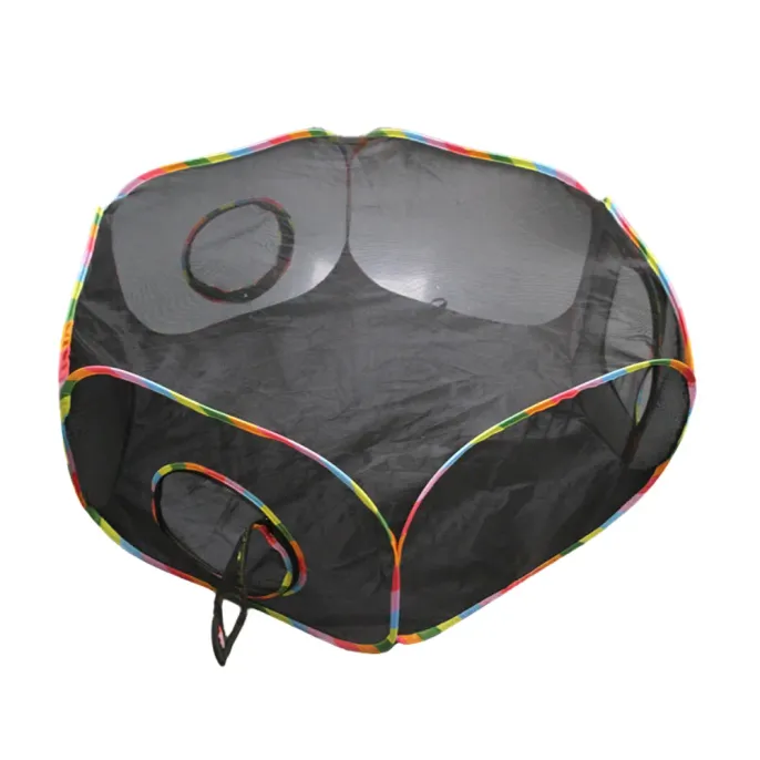 Large eight sided black mesh playpen for small animals with rainbow striped borders on a white background