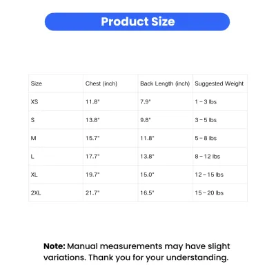 small-dog-dress-size-chart-measurement-guide A detailed size guide table for pet clothing showing chest, back length, and weight suggestions from XS to 2XL.