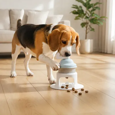 Dog Playing with Interactive Treat Dispensing Toy Beagle dog interacting with rotating slow feeder treat dispenser toy in modern living room