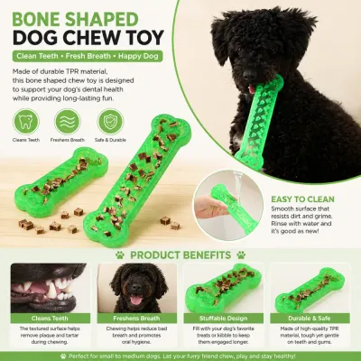 Puppy chewing green bone shaped treat dispensing dog chew toy for dental cleaning and enrichment