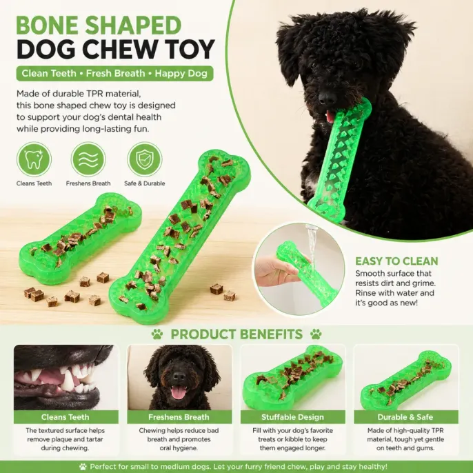 Puppy chewing green bone shaped treat dispensing dog chew toy for dental cleaning and enrichment