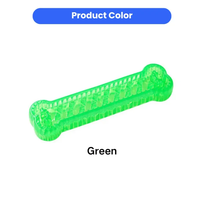 Green color version of bone shaped dog chew toy with textured surface for dogs