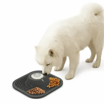 White dog using anti slip dog licking bowl slow feeder mat with food grade silicone design for healthy digestion and mental stimulation