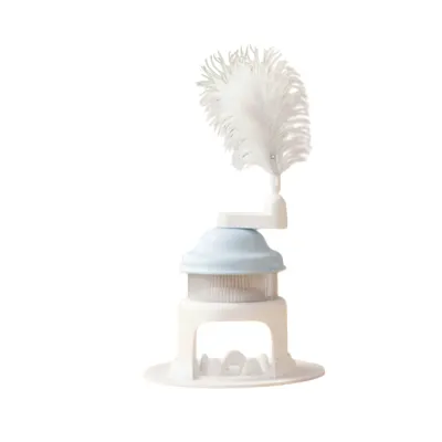 Blue Interactive Cat Treat Dispenser Toy Blue rotating cat treat dispenser toy with feather teaser isolated on white background
