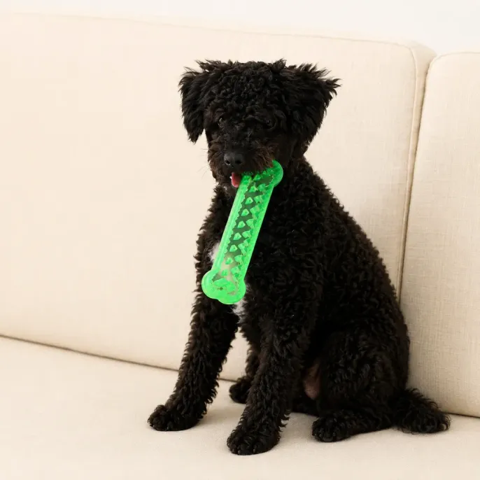Black puppy holding green bone shaped dog chew toy while sitting on sofa indoors