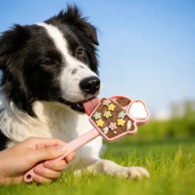Dog Using Silicone Licking Treat Stick Outdoors Border collie dog licking frozen treats from silicone licking stick toy outdoors on grass