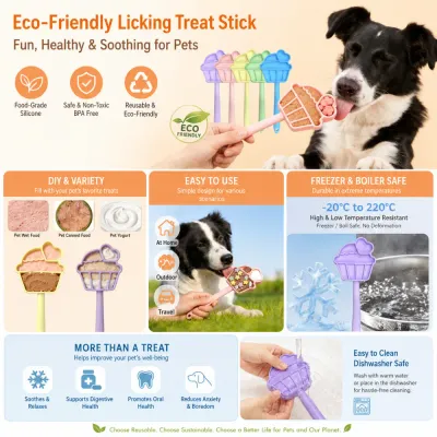 Eco-Friendly Frozen Dog Treat Licking Stick Features Eco-friendly dog licking treat stick made from BPA-free silicone for frozen snacks, anxiety relief and slow licking enrichment