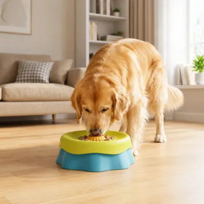 Dog Using Silicone Slow Feeder Bowl at Home Golden retriever eating from a silicone slow feeder bowl in a modern living room