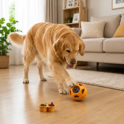 Golden Retriever Playing with Frozen Treat Dispensing Dog Toy Indoors Golden retriever playing with an interactive silicone frozen treat dispensing dog toy in a modern living room