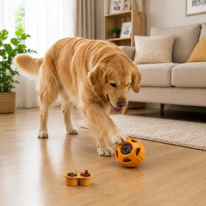 Golden Retriever Playing with Frozen Treat Dispensing Dog Toy Indoors Golden retriever playing with an interactive silicone frozen treat dispensing dog toy in a modern living room