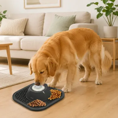 Golden retriever eating from anti slip dog licking bowl slow feeder mat in living room home environment