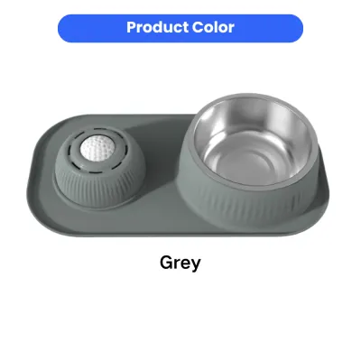 Grey dog slow feeder feeding mat with stainless steel bowl and textured licking ball attachment
