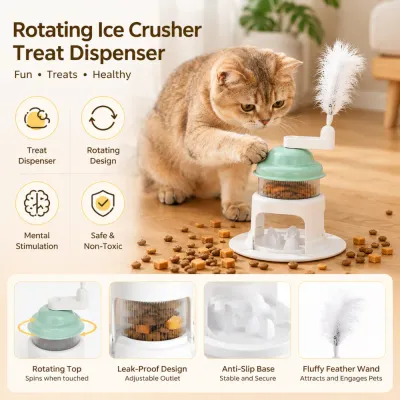 Rotating Ice Crusher Treat Dispenser for Cats British shorthair cat using rotating treat dispenser toy with feather teaser and anti-slip base indoors
