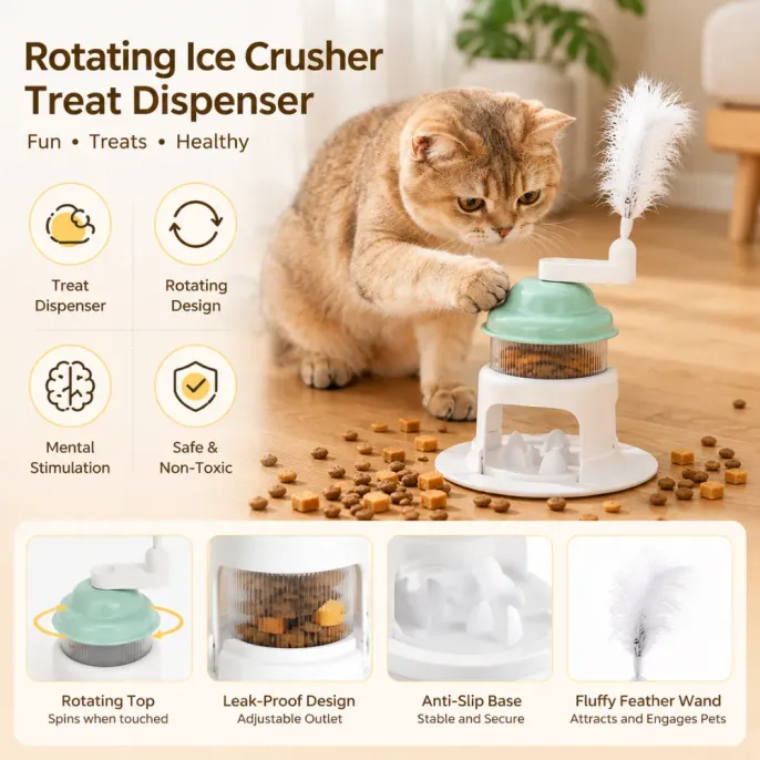Rotating Ice Crusher Treat Dispenser for Cats British shorthair cat using rotating treat dispenser toy with feather teaser and anti-slip base indoors