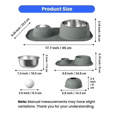 Size dimensions of anti-slip dog slow feeder bowl with stainless steel insert and licking ball accessory