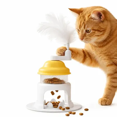 Interactive Cat Treat Dispenser Toy with Feather Wand Orange cat playing with interactive rotating treat dispenser toy featuring feather teaser and slow feeding design