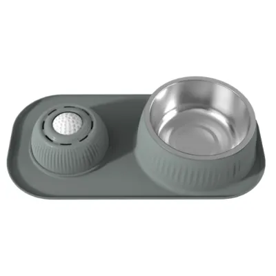 Grey silicone dog feeding mat with removable stainless steel bowl and enrichment licking attachment