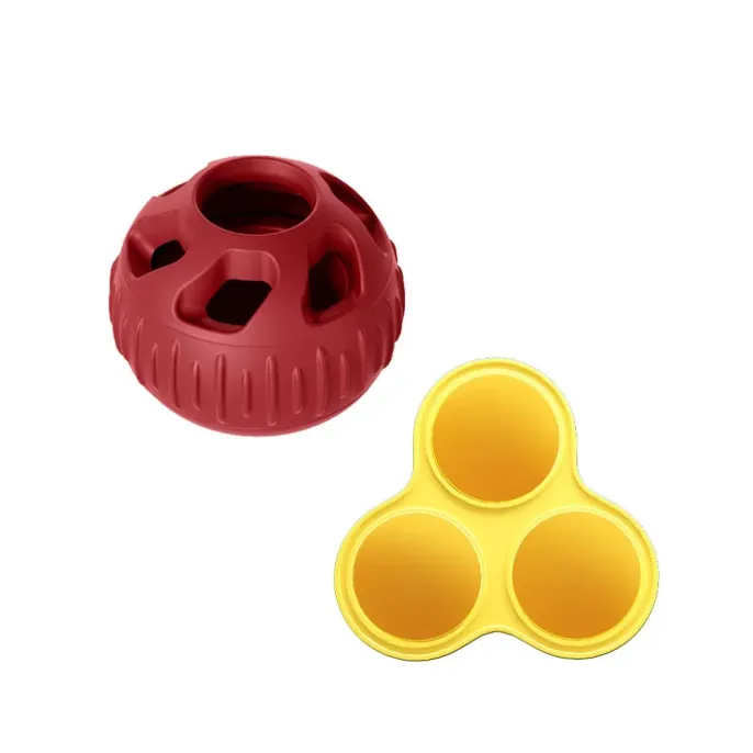 Red Silicone Frozen Treat Dispensing Dog Ball Red silicone dog treat ball with reusable frozen snack mold for interactive pet feeding