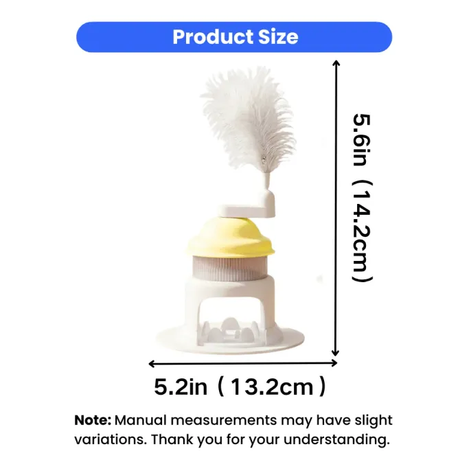 Cat Treat Dispenser Toy Size Guide 5.6in x 5.2in Size chart of interactive cat treat dispenser toy measuring 5.6 inches tall and 5.2 inches wide