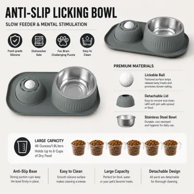 Silicone anti-slip dog licking bowl with stainless steel bowl and detachable enrichment licking ball