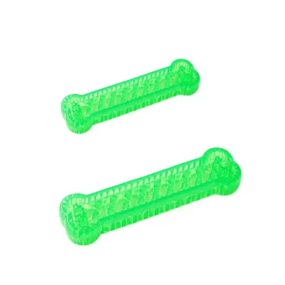 Two green transparent bone shaped dog chew toys made of durable TPR material for dog teeth cleaning and chewing